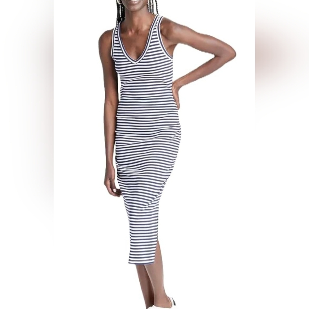 A New Day Women's Rib Knit Side Ruched Dress  Sz XS #New Blue & White PTP 14"-19